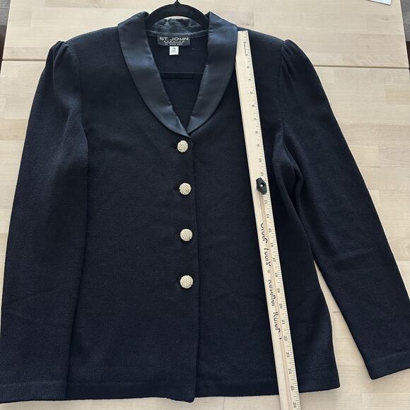 St John Evening Blazer 10 Black Santana Knit Rhinestone Tuxedo Jacket Elegant - Picture 9 of 10